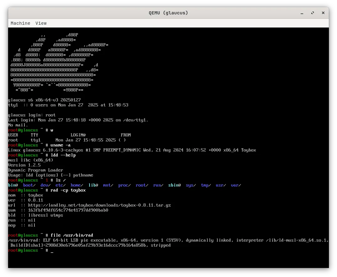 Screenshot of glaucus running on QEMU
